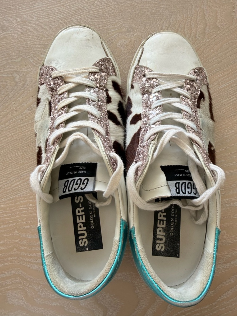Golden Goose Superstars 39 Cow-Print Sneakers w Pink Glitter Trim and Teal Heel - Picture 2 of 8